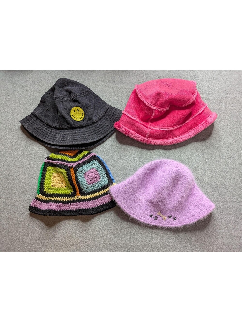 Bucket Hat Lot 4 Womens One Size Multicolor Fuzzy Crochet Smiley Dog Bone Print